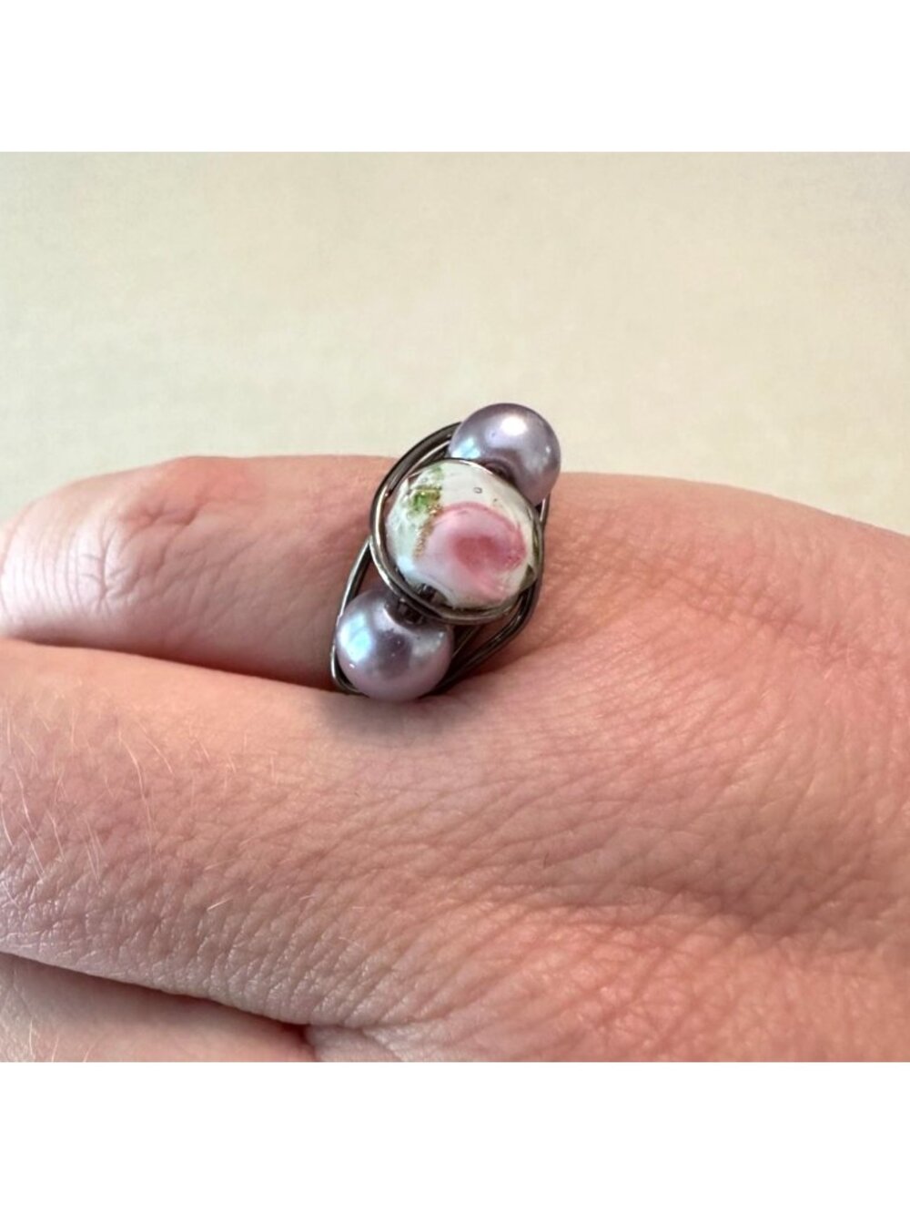 Handmade Wire Wrapped Ring Lampwork Bead & Purple Glass Pearls Gunmetal Sz 5 1/4 - Picture 8 of 10